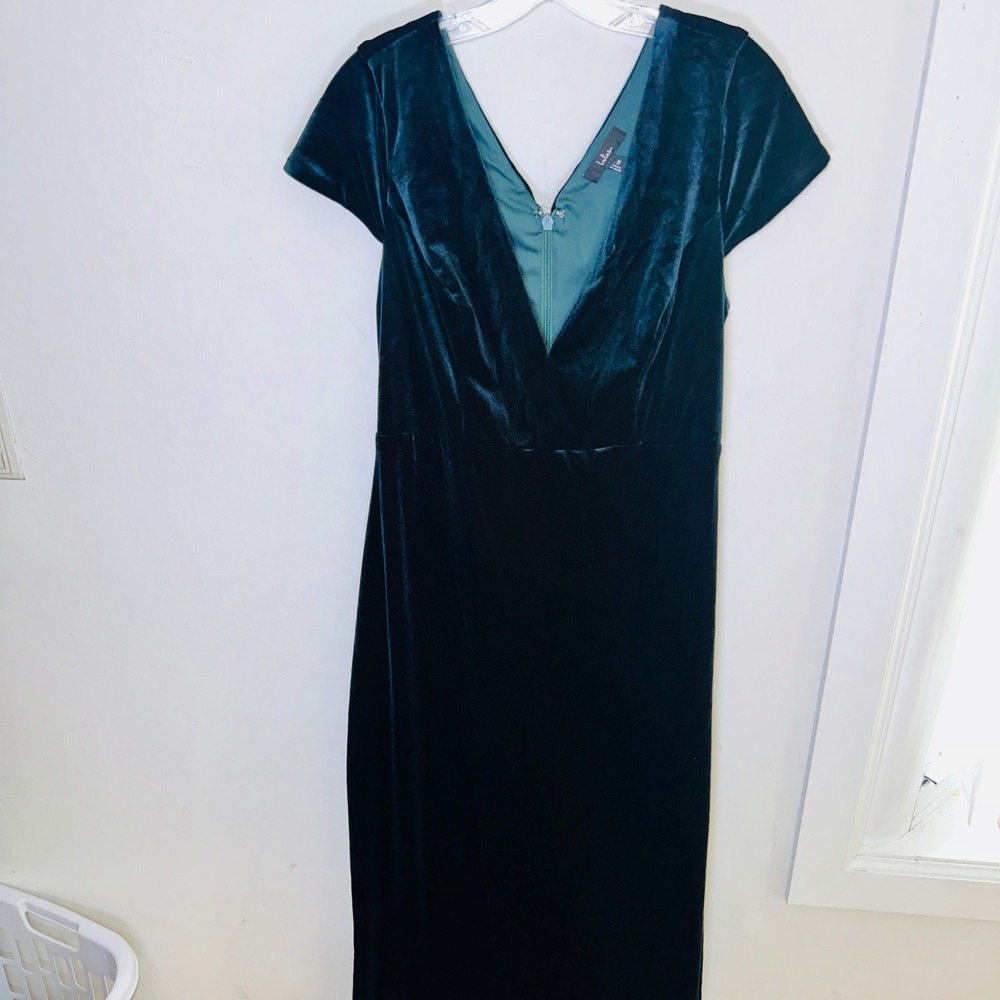 Autumn Wedding Guest Green Velvet V-Neck Maxi Dress Short Sleeve Emerald 1X